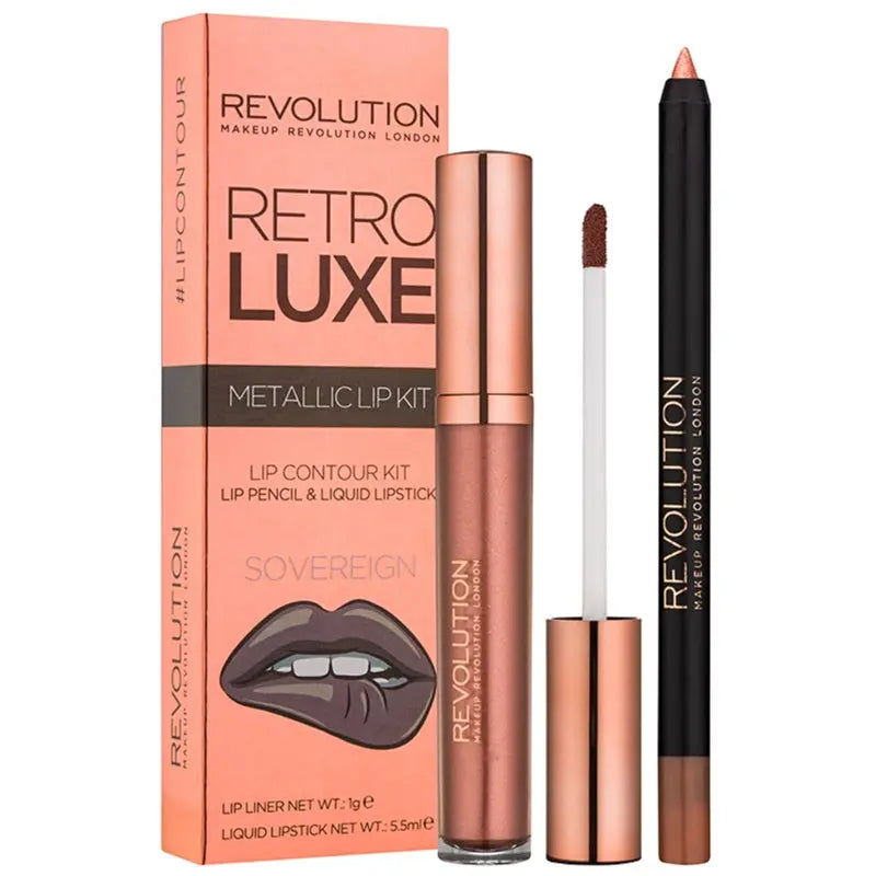 Revolution Retro Luxe Metallic Lip Kit Sovereign Lip Liner 1g Liquid Lipstick 5.5ml Revolution