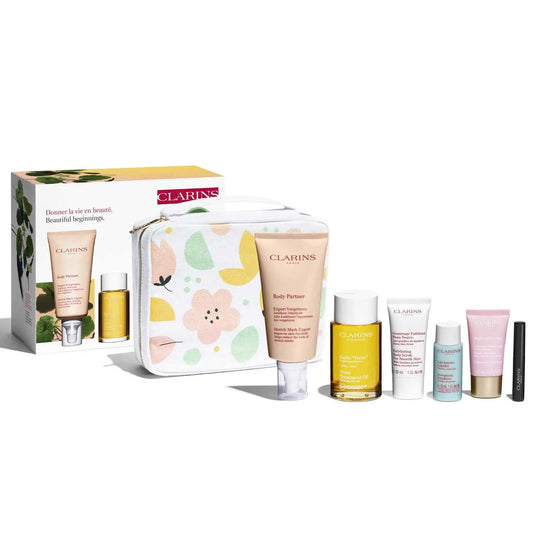 Clarins Beautiful Beginnings Marternity 5 Piece Gift Set: Body Oil 100ml - Body Scrub 30ml - Day Cream 15ml - Legs Emulsion 30ml - Mascara 3ml - Body Clarins