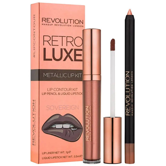 Revolution Retro Luxe Metallic Lip Kit Sovereign Lip Liner 1g  Liquid Lipstick 5.5ml Revolution
