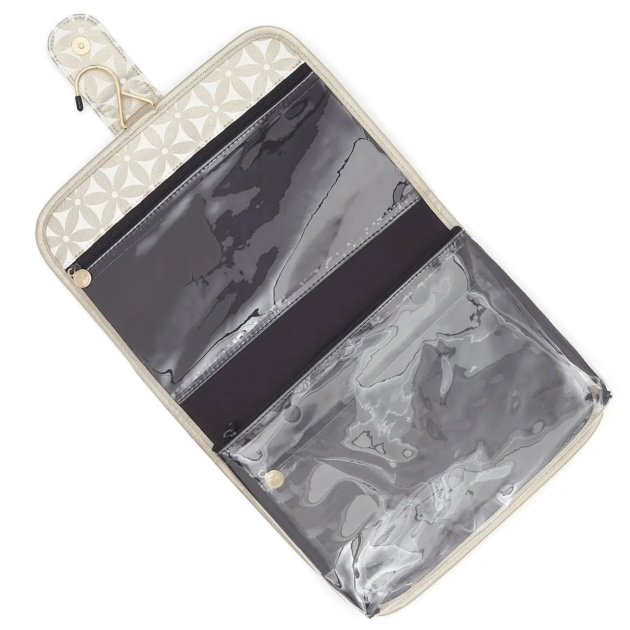 Kate Hanging wash bag with detachable airport security bag in gold pattern